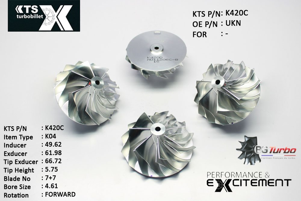 Turbo ROUE FORGÉE MFS PERFORMANCE - 7+7 PALES - INDUCER : 49,618 - EXDUCER : 61,98 - TYPE : K04ANGLE : 50° - ROTATION : Forward - SUPER BACK : 1,8 - BORE SIZE : 4,61
